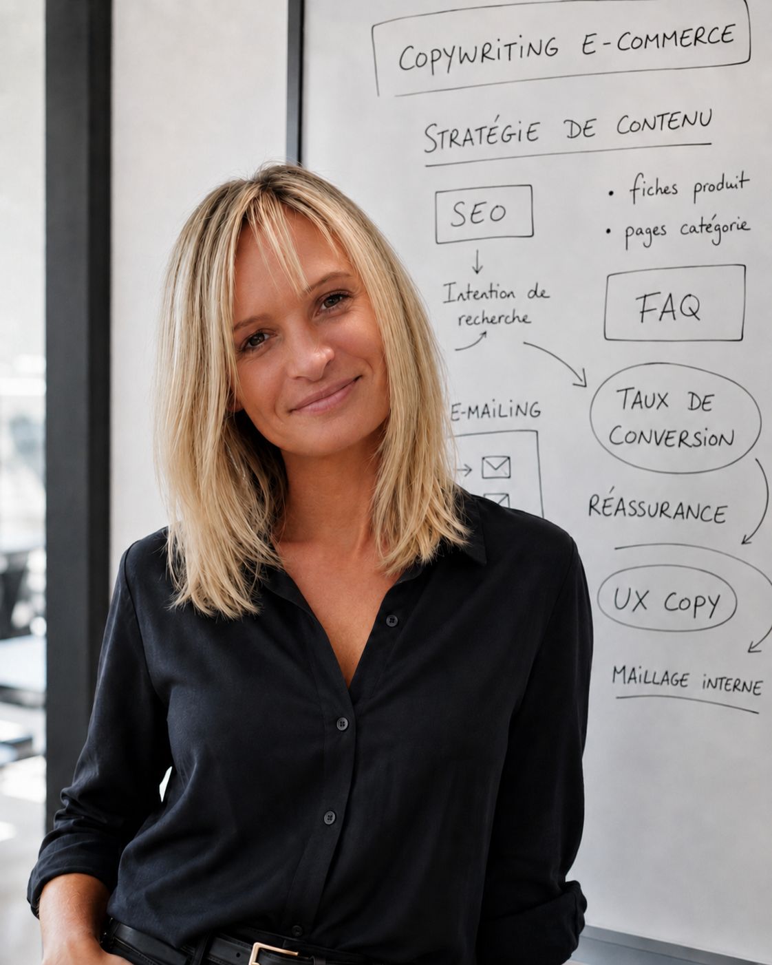 Christelle, fondatrice de STRATOPIK, devant un tableau consacré au copywriting e-commerce
