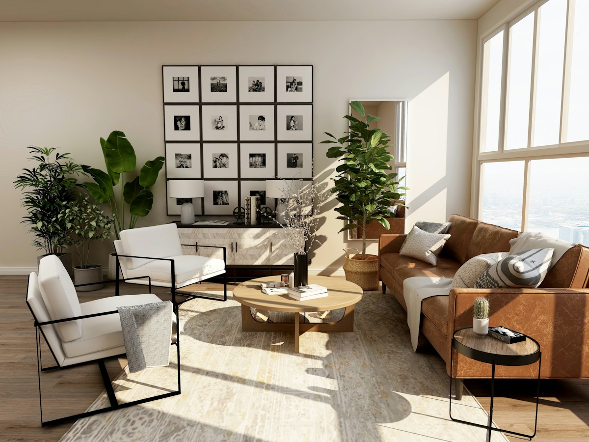 Intérieur contemporain ouvert sur la lumière, photographie d’ambiance